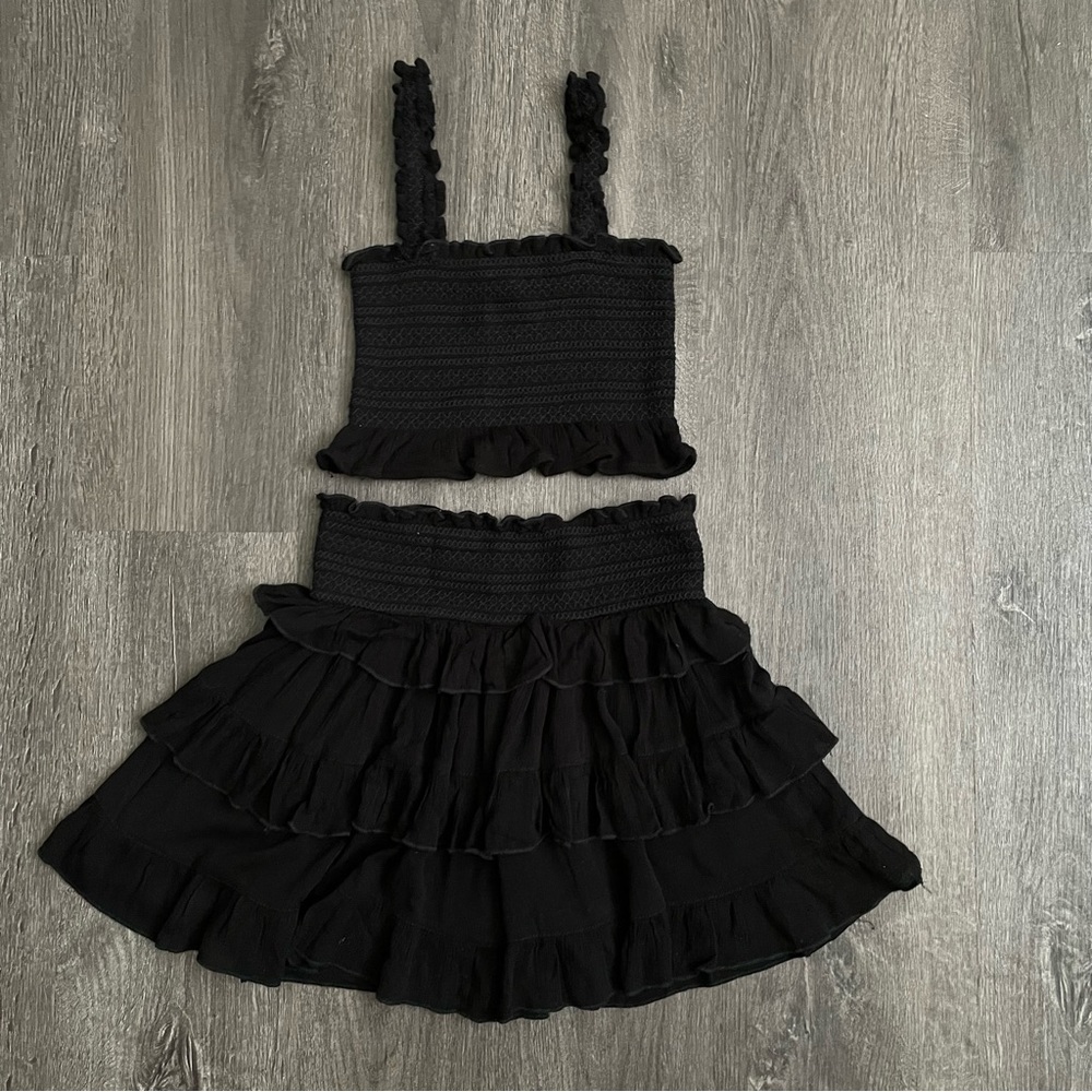 Skylark + Madison Two Piece Set Black Smocked Ruffles Top Skirt Set Juniors (XS)